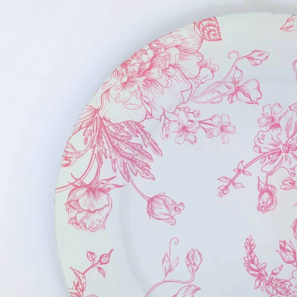 Acrylic Charger Plate 13" Round White with Pink Floral French Toile Pattern